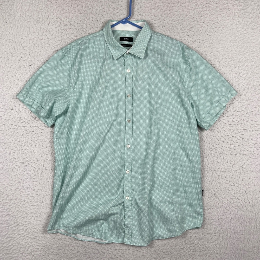 BOSS Button Down Shirt Mens 2XL Green Ronn Slim Fit Italian Fabric Luxury Summer